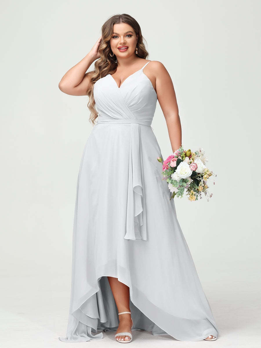 Plus Size Asymmetrical A-Line Bridesmaid Dress with Chiffon Ruffles and Spaghetti Straps, Featuring Pockets-BMbridal.UK