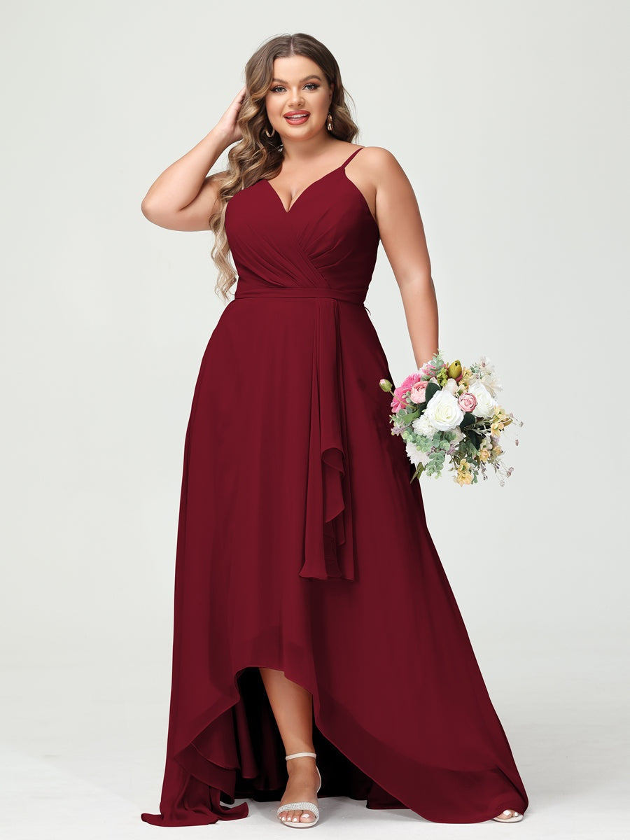 Plus Size Asymmetrical A-Line Bridesmaid Dress with Chiffon Ruffles and Spaghetti Straps, Featuring Pockets-BMbridal.UK