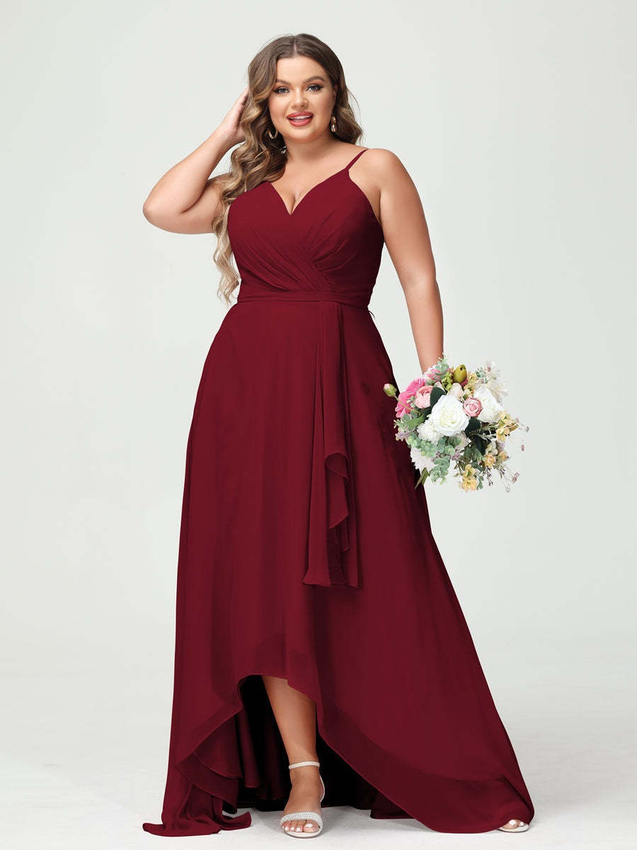 Plus Size Asymmetrical A-Line Bridesmaid Dress with Chiffon Ruffles and Spaghetti Straps, Featuring Pockets-BMbridal.UK