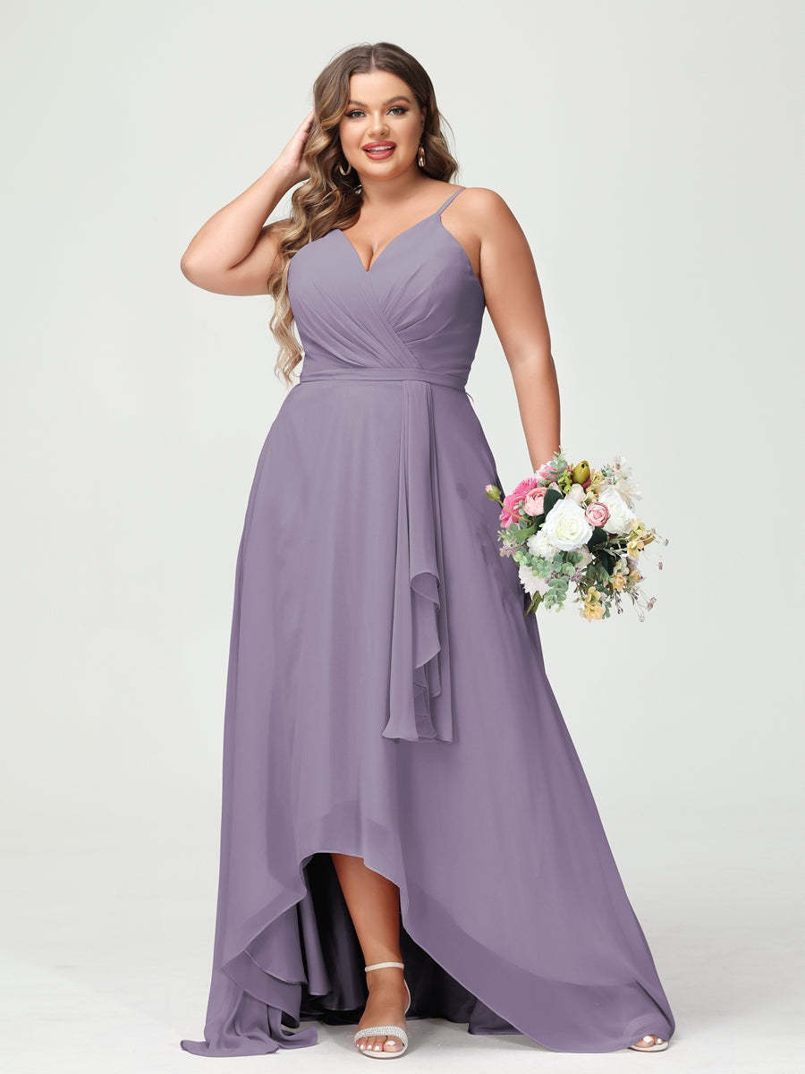 Plus Size Asymmetrical A-Line Bridesmaid Dress with Chiffon Ruffles and Spaghetti Straps, Featuring Pockets-BMbridal.UK