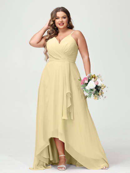 Plus Size Asymmetrical A-Line Bridesmaid Dress with Chiffon Ruffles and Spaghetti Straps, Featuring Pockets-BMbridal.UK