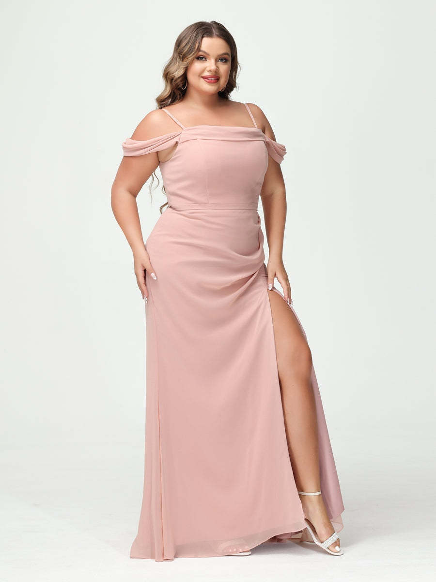 Off-the-Shoulder Chiffon Bridesmaid Dresses with Spaghetti Straps and Side Split for Plus Size