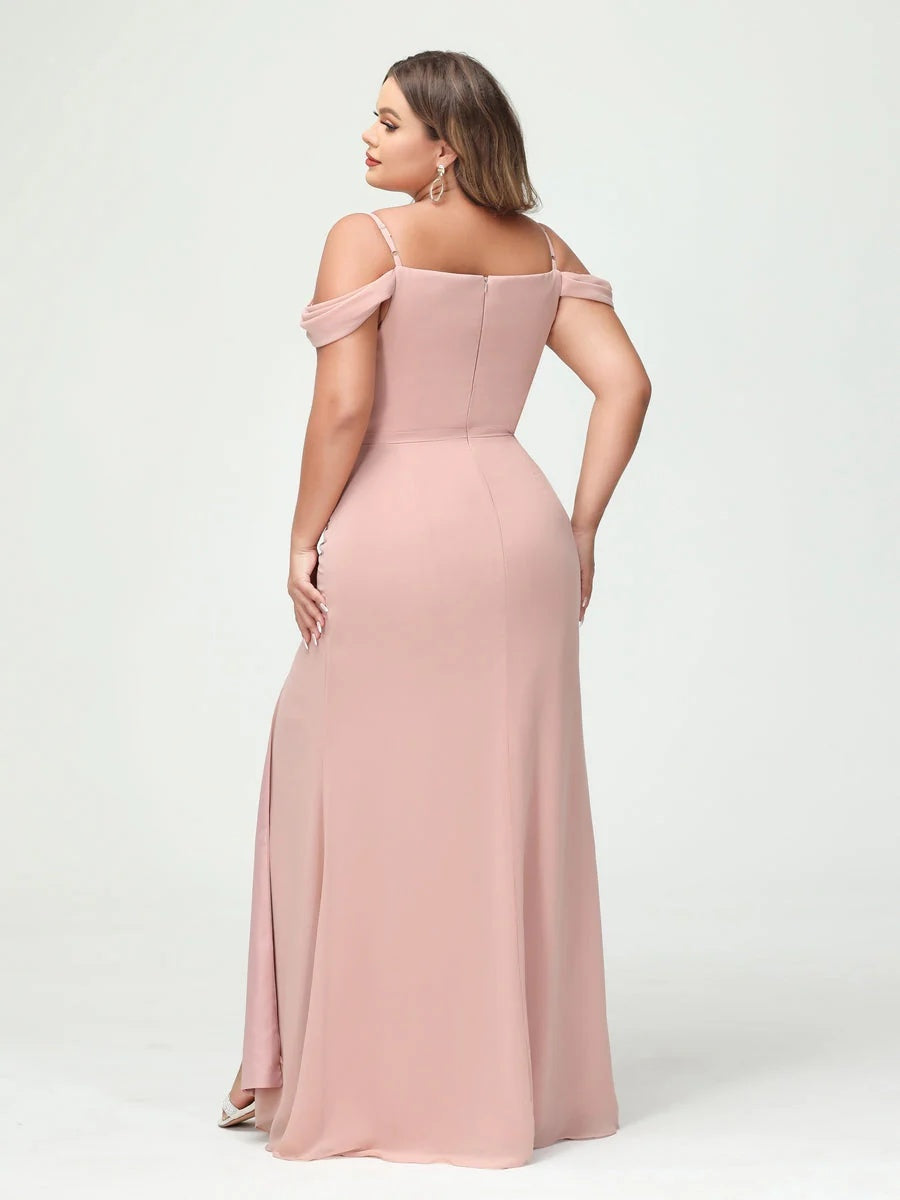 Off-the-Shoulder Chiffon Bridesmaid Dresses with Spaghetti Straps and Side Split for Plus Size