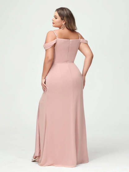 Off-the-Shoulder Chiffon Bridesmaid Dresses with Spaghetti Straps and Side Split for Plus Size