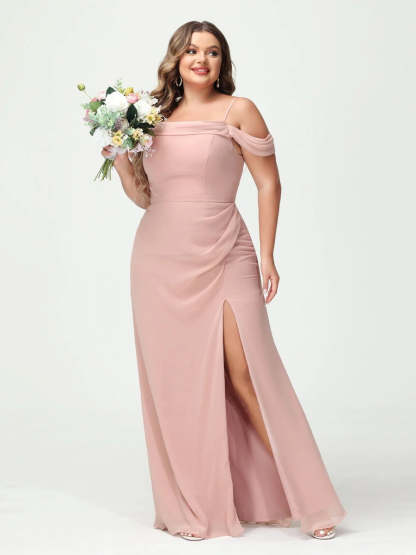 Off-the-Shoulder Chiffon Bridesmaid Dresses with Spaghetti Straps and Side Split for Plus Size