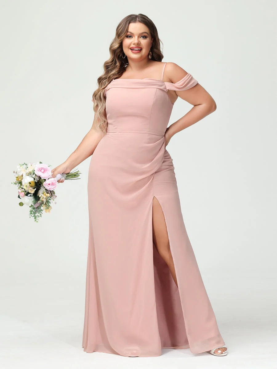 Off-the-Shoulder Chiffon Bridesmaid Dresses with Spaghetti Straps and Side Split for Plus Size