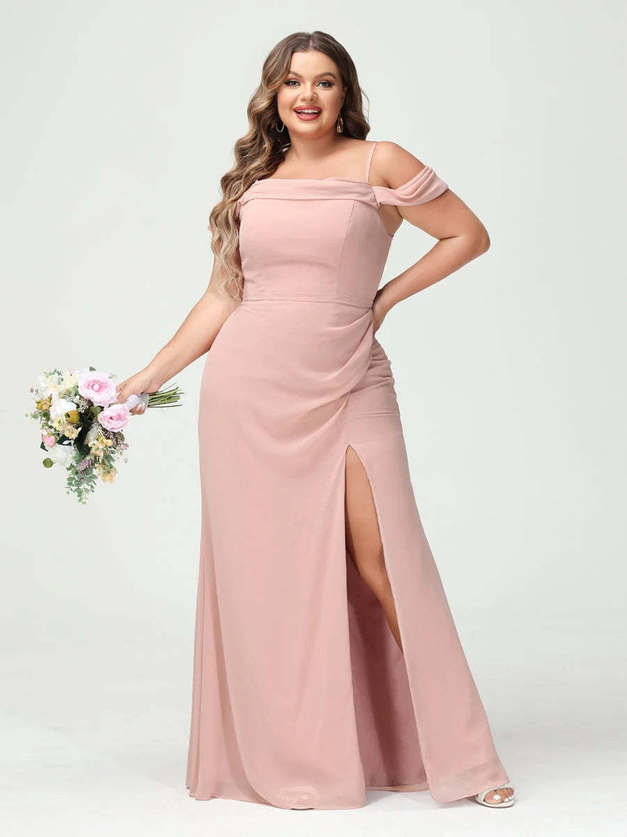Off-the-Shoulder Chiffon Bridesmaid Dresses with Spaghetti Straps and Side Split for Plus Size