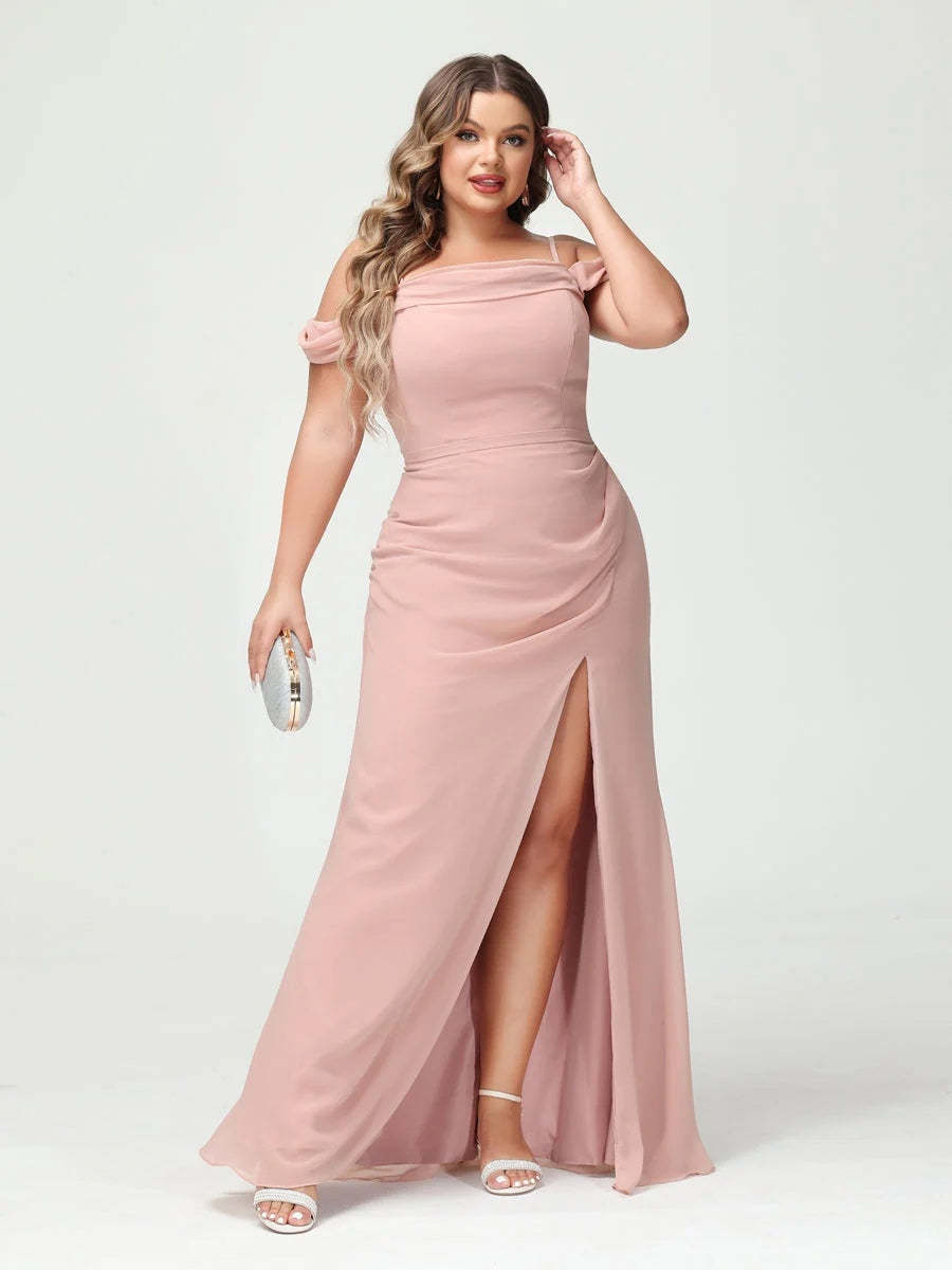 Off-the-Shoulder Chiffon Bridesmaid Dresses with Spaghetti Straps and Side Split for Plus Size