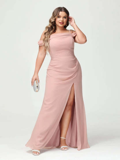 Off-the-Shoulder Chiffon Bridesmaid Dresses with Spaghetti Straps and Side Split for Plus Size