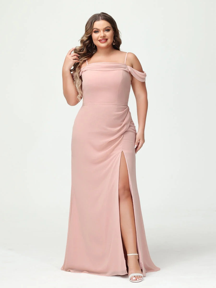 Off-the-Shoulder Chiffon Bridesmaid Dresses with Spaghetti Straps and Side Split for Plus Size