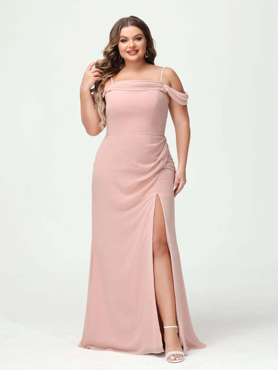 Off-the-Shoulder Chiffon Bridesmaid Dresses with Spaghetti Straps and Side Split for Plus Size