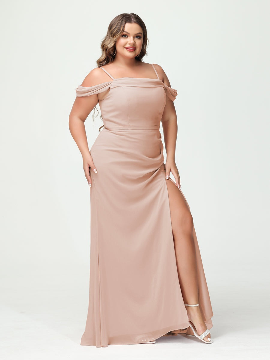 Off-the-Shoulder Chiffon Bridesmaid Dresses with Spaghetti Straps and Side Split for Plus Size