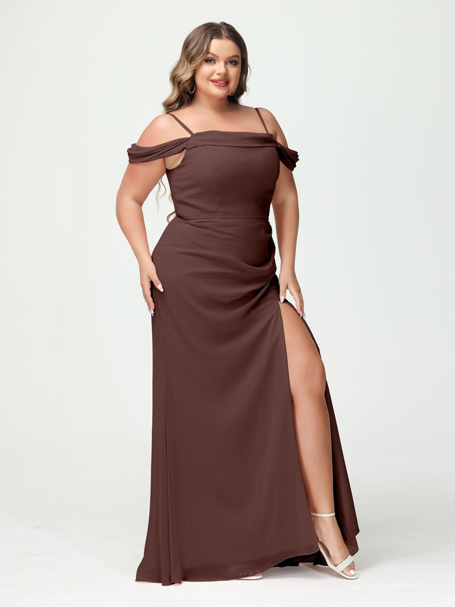 Off-the-Shoulder Chiffon Bridesmaid Dresses with Spaghetti Straps and Side Split for Plus Size