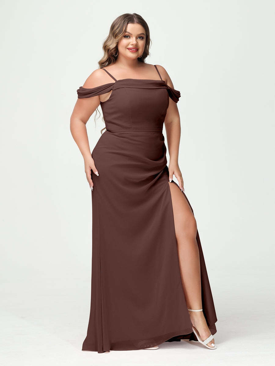 Off-the-Shoulder Chiffon Bridesmaid Dresses with Spaghetti Straps and Side Split for Plus Size