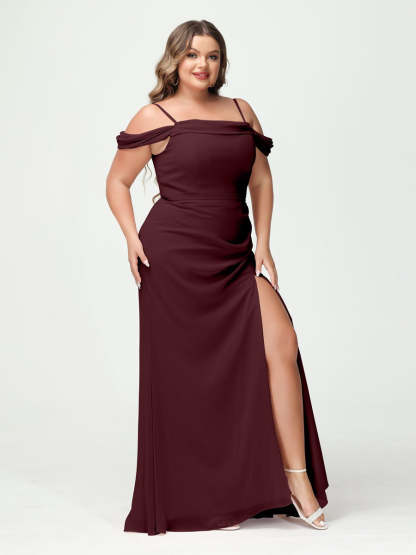 Off-the-Shoulder Chiffon Bridesmaid Dresses with Spaghetti Straps and Side Split for Plus Size