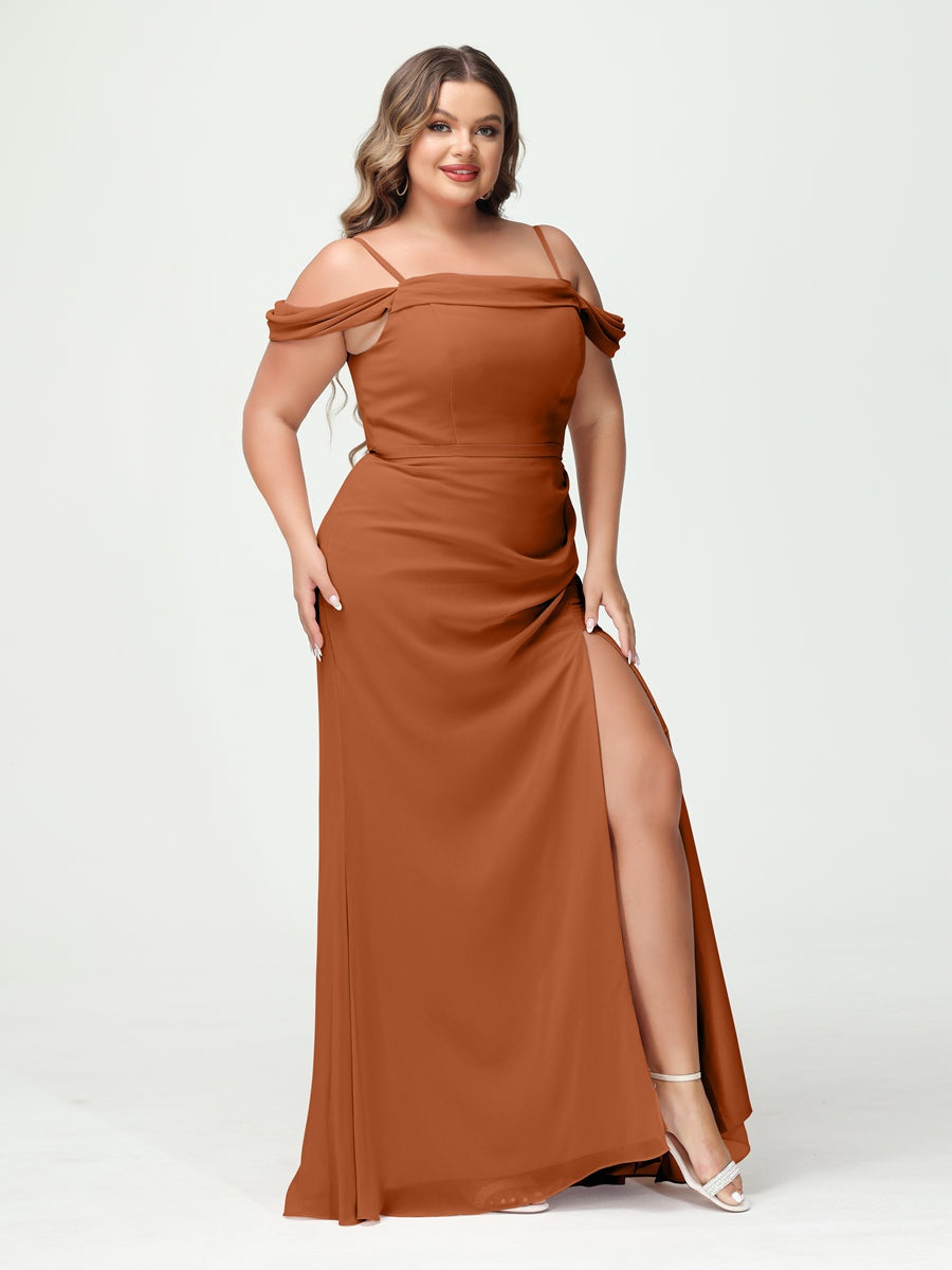 Off-the-Shoulder Chiffon Bridesmaid Dresses with Spaghetti Straps and Side Split for Plus Size