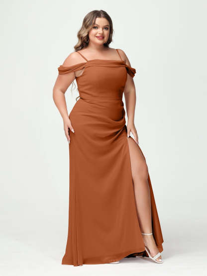 Off-the-Shoulder Chiffon Bridesmaid Dresses with Spaghetti Straps and Side Split for Plus Size