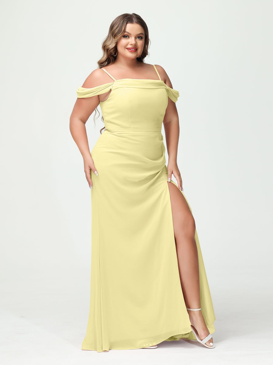 Off-the-Shoulder Chiffon Bridesmaid Dresses with Spaghetti Straps and Side Split for Plus Size