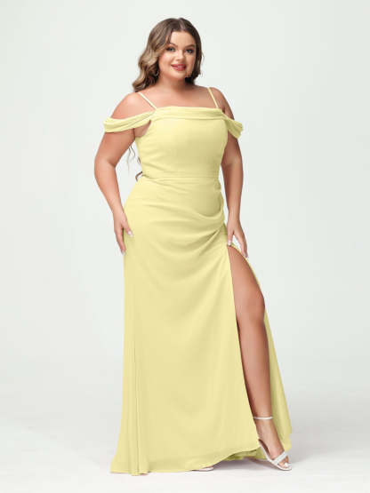 Off-the-Shoulder Chiffon Bridesmaid Dresses with Spaghetti Straps and Side Split for Plus Size
