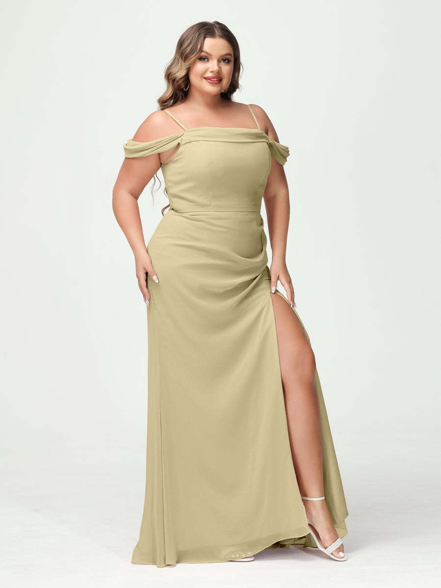 Off-the-Shoulder Chiffon Bridesmaid Dresses with Spaghetti Straps and Side Split for Plus Size
