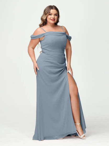Off-the-Shoulder Chiffon Bridesmaid Dresses with Spaghetti Straps and Side Split for Plus Size