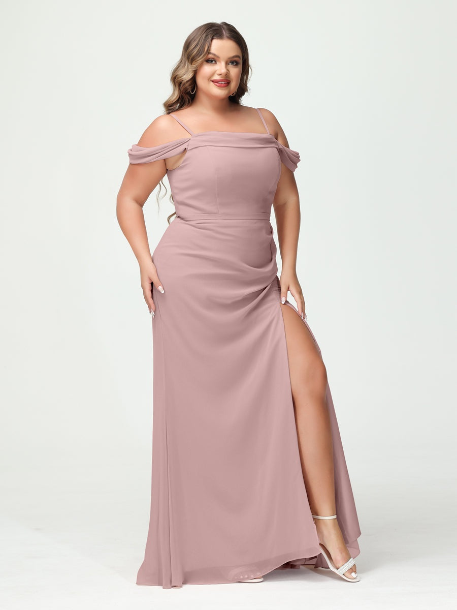 Off-the-Shoulder Chiffon Bridesmaid Dresses with Spaghetti Straps and Side Split for Plus Size