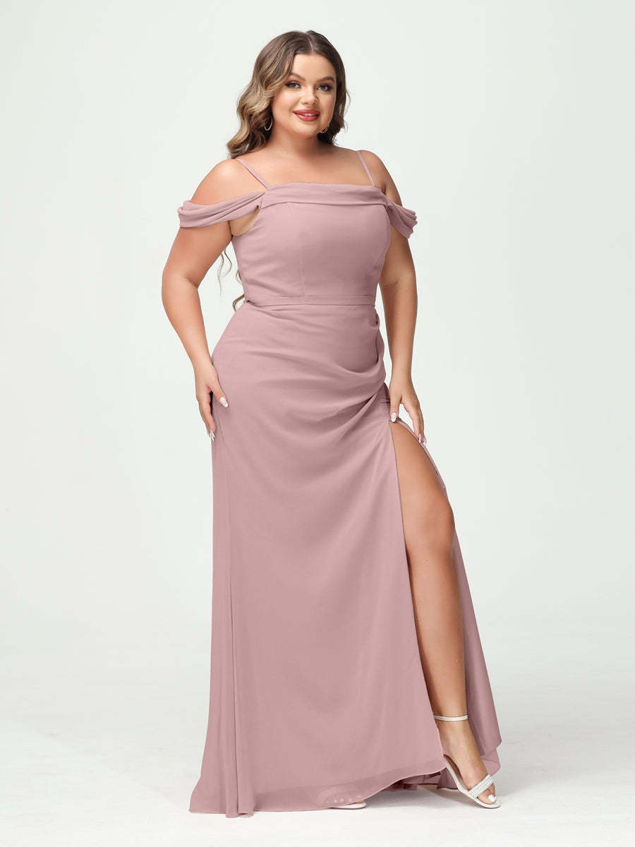 Off-the-Shoulder Chiffon Bridesmaid Dresses with Spaghetti Straps and Side Split for Plus Size
