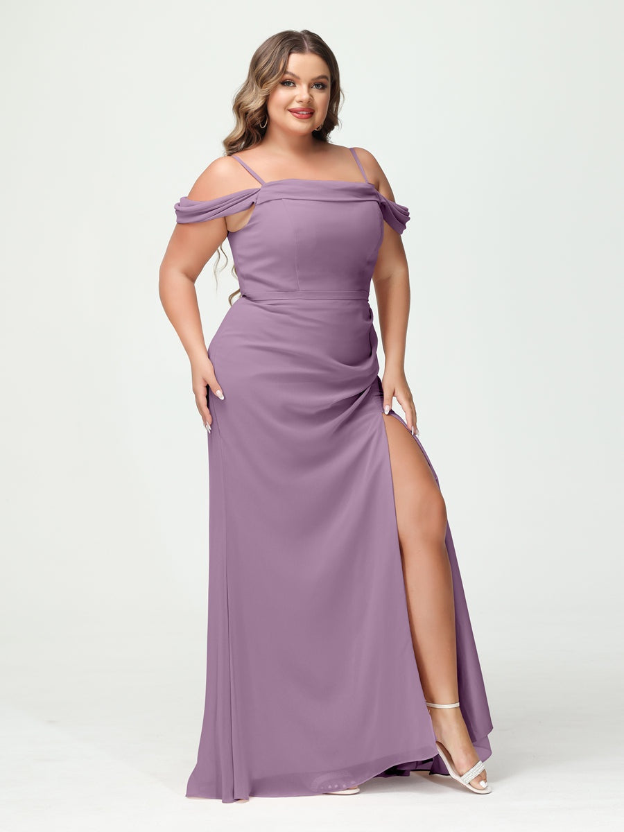 Off-the-Shoulder Chiffon Bridesmaid Dresses with Spaghetti Straps and Side Split for Plus Size