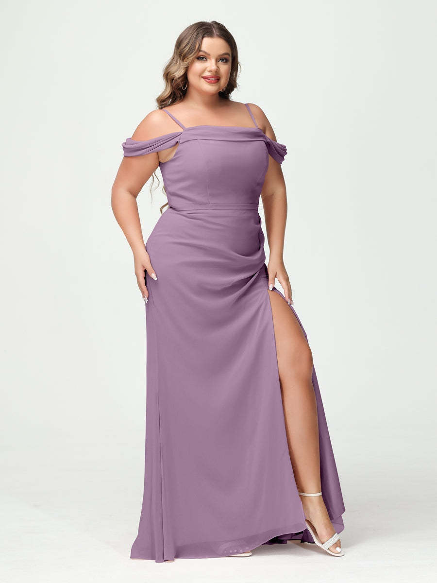 Off-the-Shoulder Chiffon Bridesmaid Dresses with Spaghetti Straps and Side Split for Plus Size