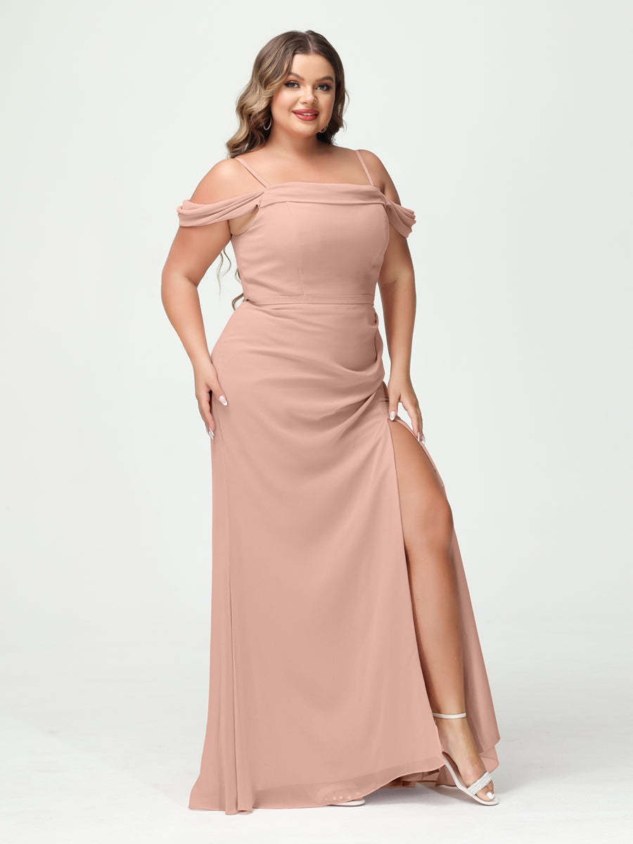 Off-the-Shoulder Chiffon Bridesmaid Dresses with Spaghetti Straps and Side Split for Plus Size