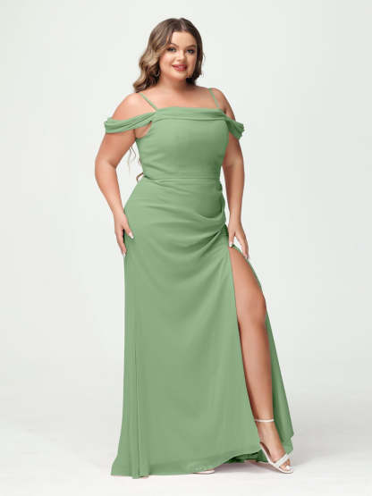 Off-the-Shoulder Chiffon Bridesmaid Dresses with Spaghetti Straps and Side Split for Plus Size