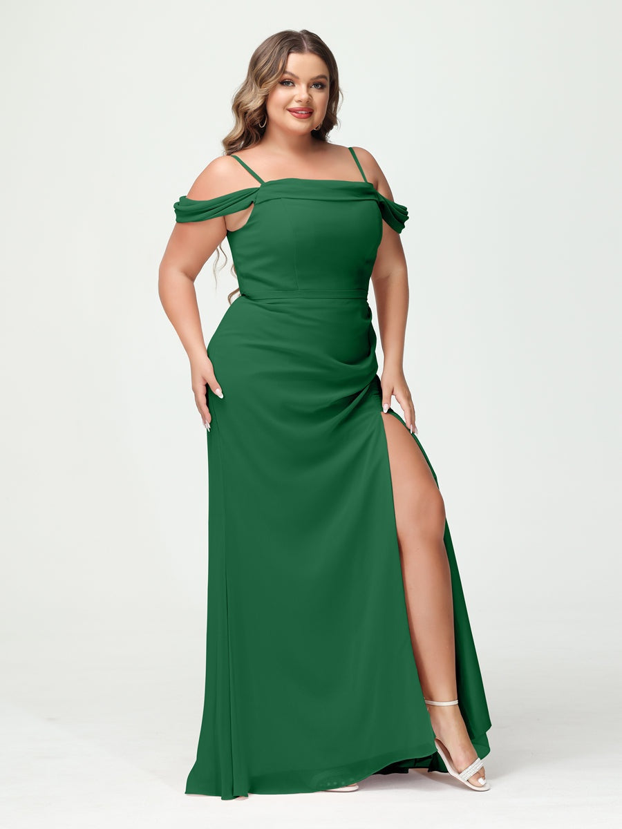 Off-the-Shoulder Chiffon Bridesmaid Dresses with Spaghetti Straps and Side Split for Plus Size