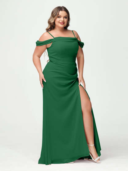 Off-the-Shoulder Chiffon Bridesmaid Dresses with Spaghetti Straps and Side Split for Plus Size