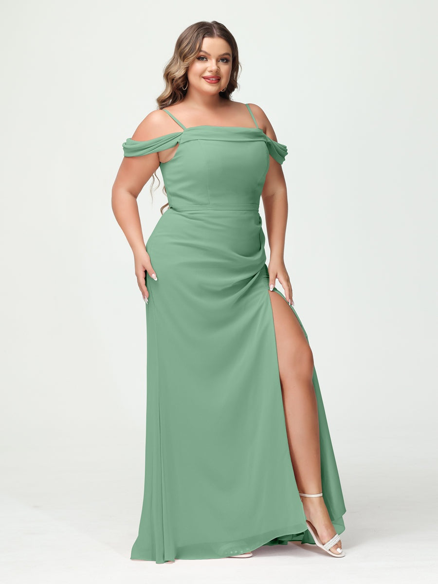 Off-the-Shoulder Chiffon Bridesmaid Dresses with Spaghetti Straps and Side Split for Plus Size