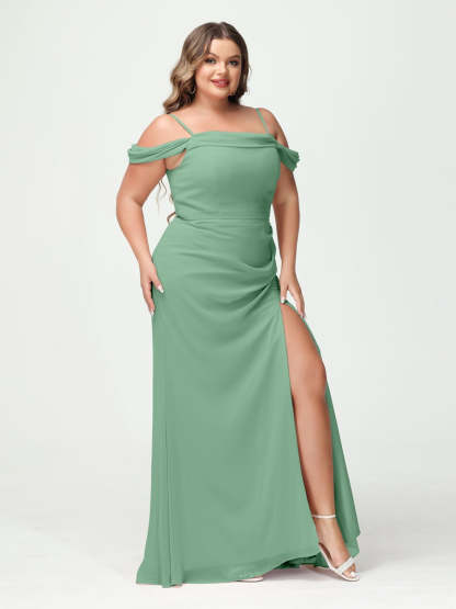 Off-the-Shoulder Chiffon Bridesmaid Dresses with Spaghetti Straps and Side Split for Plus Size