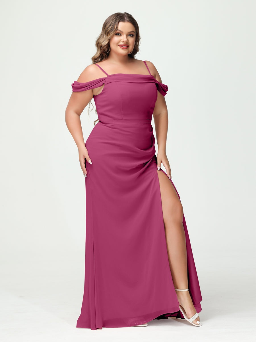 Off-the-Shoulder Chiffon Bridesmaid Dresses with Spaghetti Straps and Side Split for Plus Size