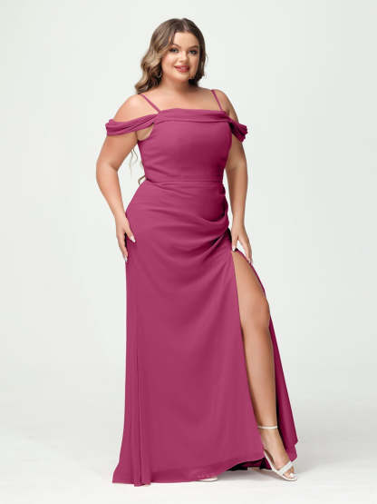 Off-the-Shoulder Chiffon Bridesmaid Dresses with Spaghetti Straps and Side Split for Plus Size