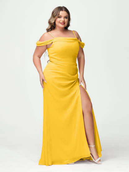 Off-the-Shoulder Chiffon Bridesmaid Dresses with Spaghetti Straps and Side Split for Plus Size
