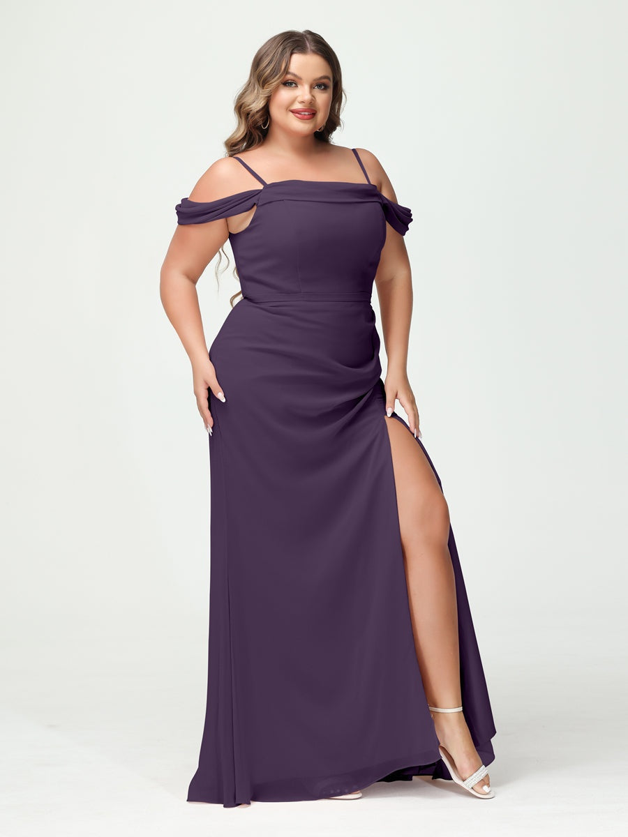 Off-the-Shoulder Chiffon Bridesmaid Dresses with Spaghetti Straps and Side Split for Plus Size