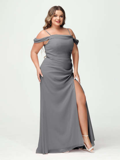 Off-the-Shoulder Chiffon Bridesmaid Dresses with Spaghetti Straps and Side Split for Plus Size