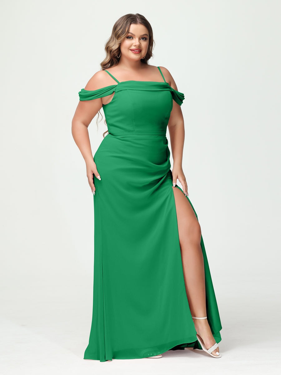 Off-the-Shoulder Chiffon Bridesmaid Dresses with Spaghetti Straps and Side Split for Plus Size