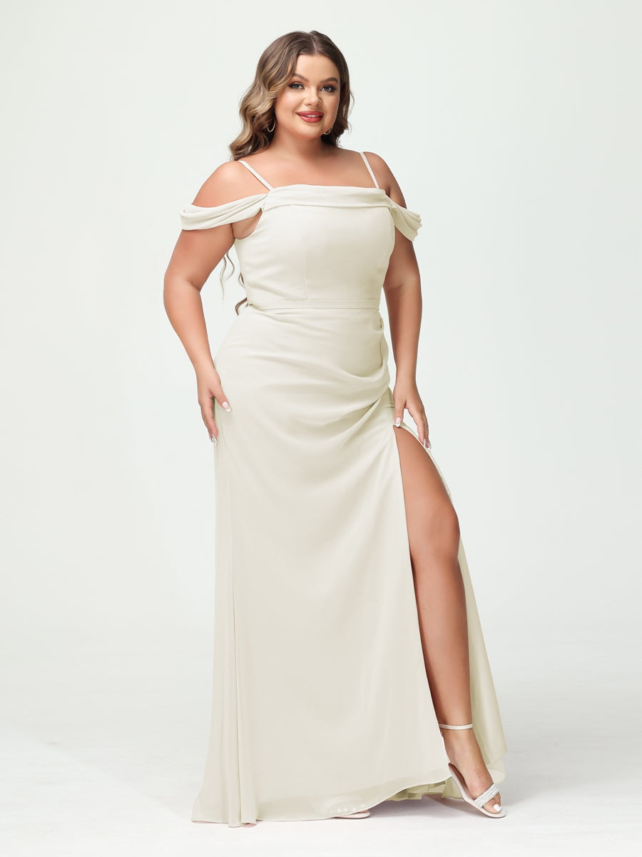 Off-the-Shoulder Chiffon Bridesmaid Dresses with Spaghetti Straps and Side Split for Plus Size