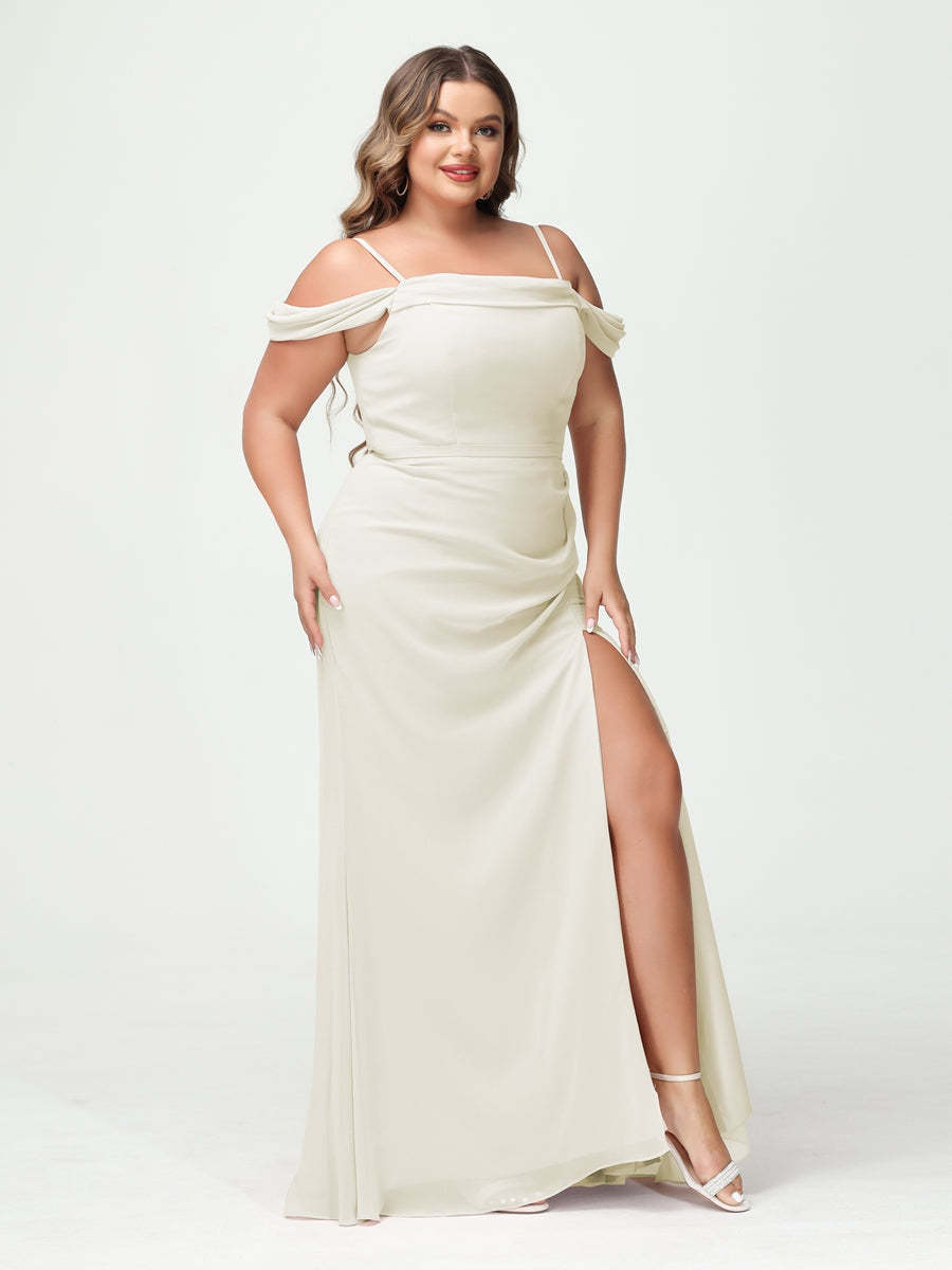 Off-the-Shoulder Chiffon Bridesmaid Dresses with Spaghetti Straps and Side Split for Plus Size