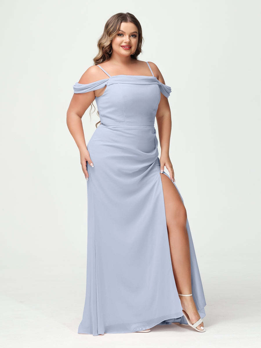 Off-the-Shoulder Chiffon Bridesmaid Dresses with Spaghetti Straps and Side Split for Plus Size