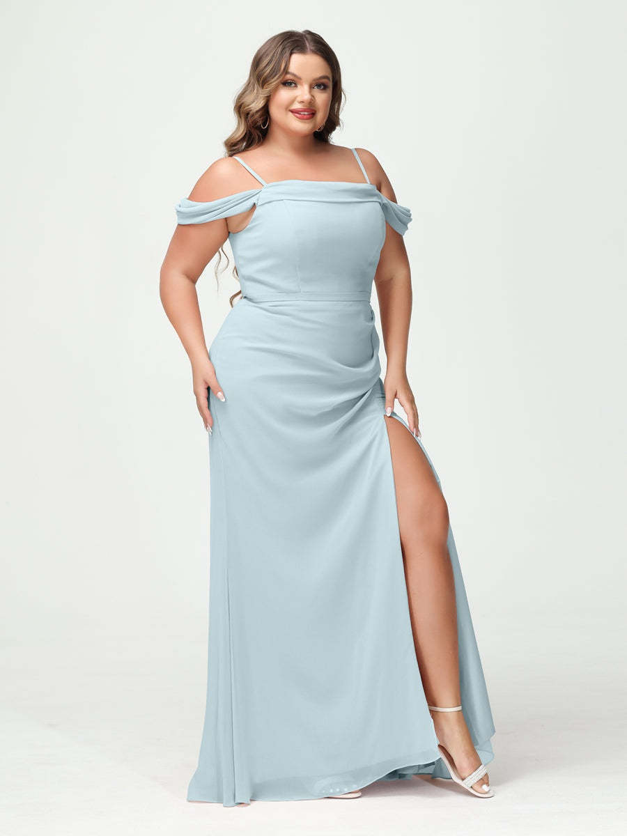 Off-the-Shoulder Chiffon Bridesmaid Dresses with Spaghetti Straps and Side Split for Plus Size