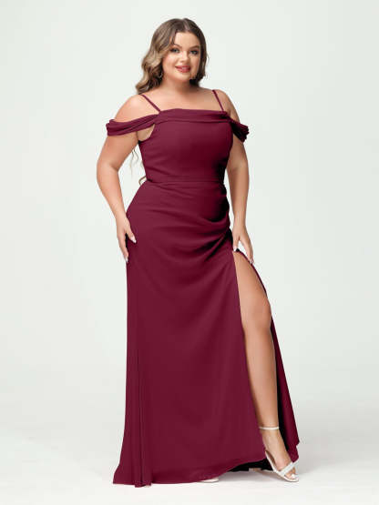 Off-the-Shoulder Chiffon Bridesmaid Dresses with Spaghetti Straps and Side Split for Plus Size