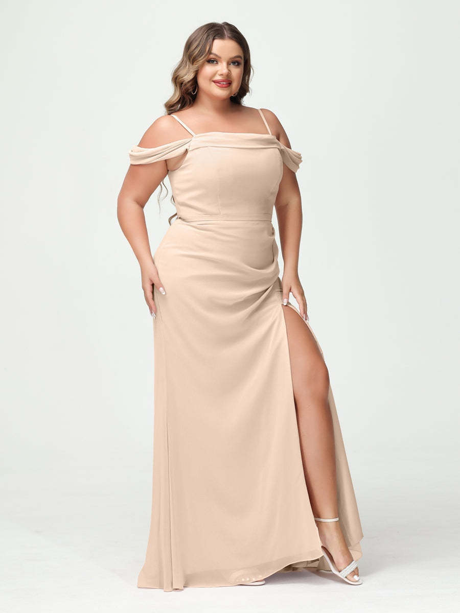 Off-the-Shoulder Chiffon Bridesmaid Dresses with Spaghetti Straps and Side Split for Plus Size