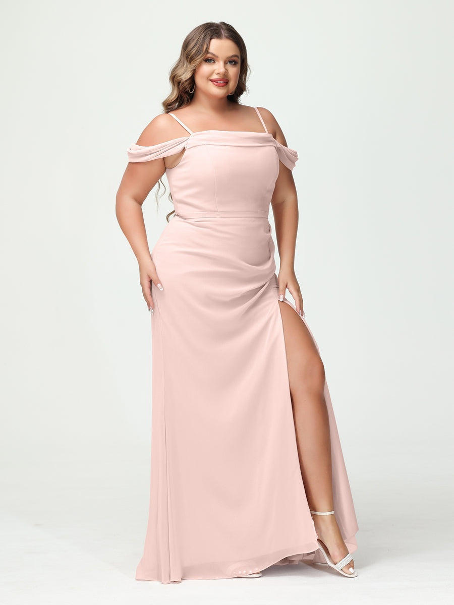 Off-the-Shoulder Chiffon Bridesmaid Dresses with Spaghetti Straps and Side Split for Plus Size