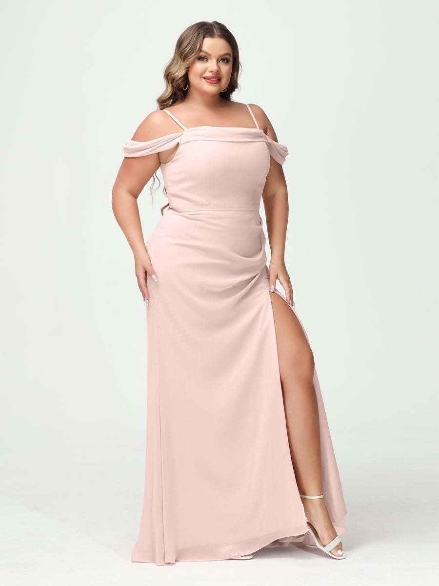 Off-the-Shoulder Chiffon Bridesmaid Dresses with Spaghetti Straps and Side Split for Plus Size