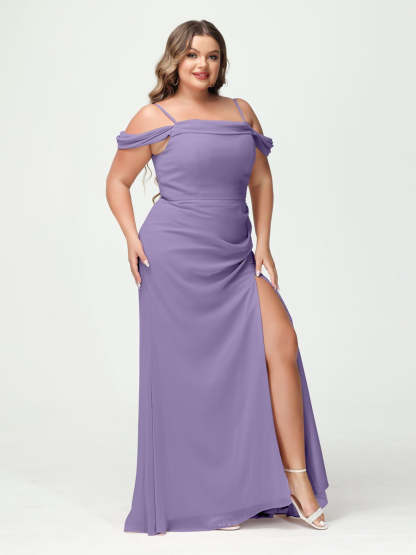 Off-the-Shoulder Chiffon Bridesmaid Dresses with Spaghetti Straps and Side Split for Plus Size